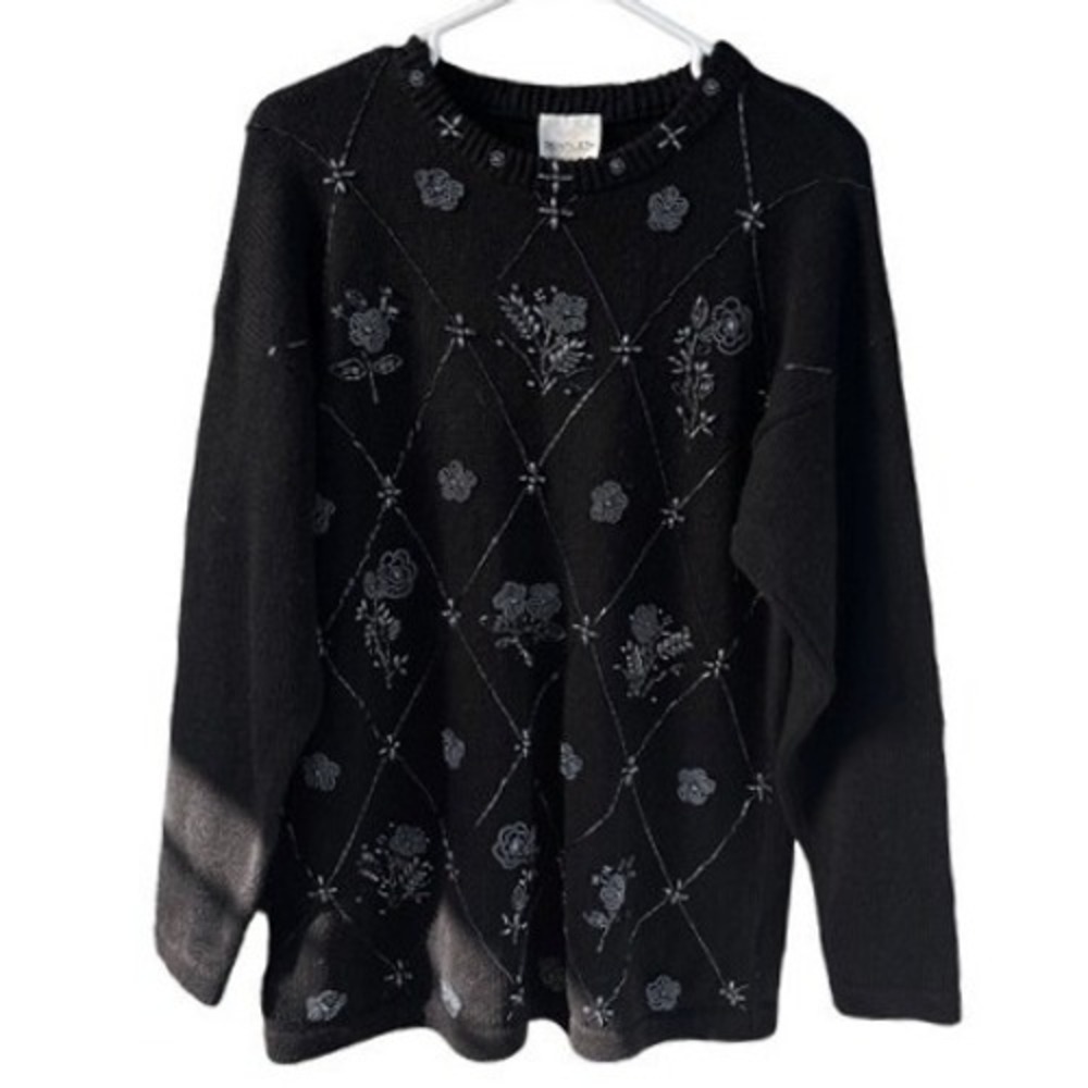 B2 90s Vintage Bentley Beaded Embellished Floral Diamond Sweater Ramie Cotton‎